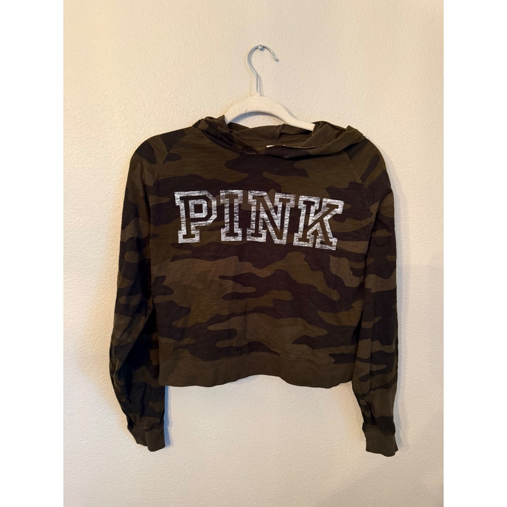 PINK Victoria's Secret Hoodie Women XS Camo Excellent Cropped White Logo